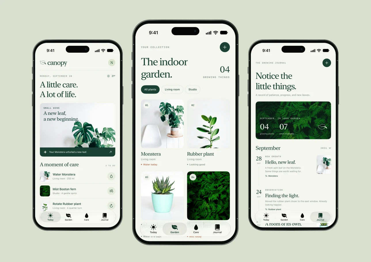 Canopy care, plant collection and botanical journal presented in three iPhone frames.