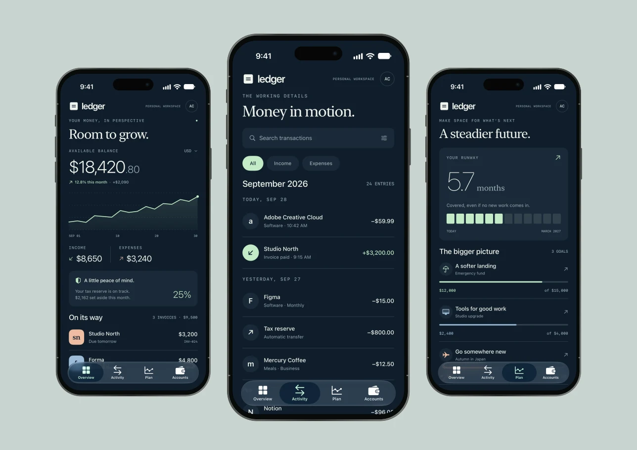 Ledger overview, transactions and planning presented in three iPhone frames.