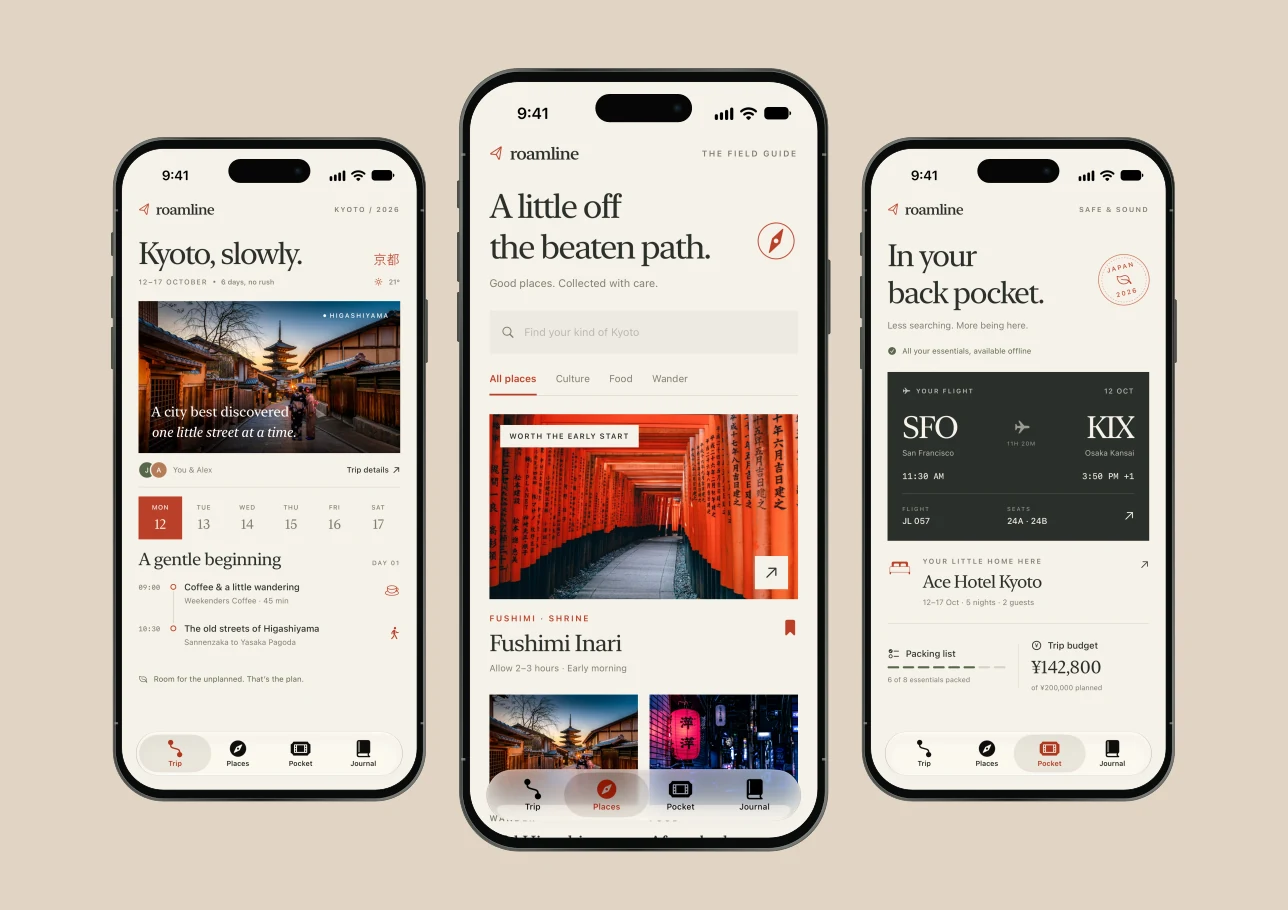 Roamline itinerary, places and travel pocket presented in three iPhone frames.