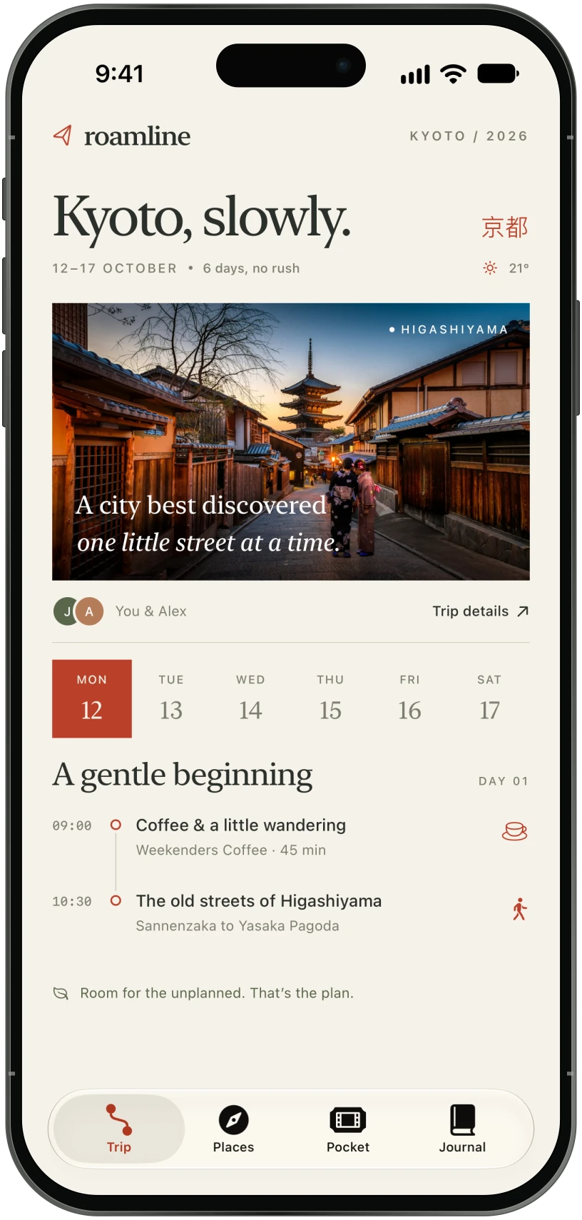 Trip screen with Kyoto photography, six selectable dates and a time rail for coffee and a walk through Higashiyama.