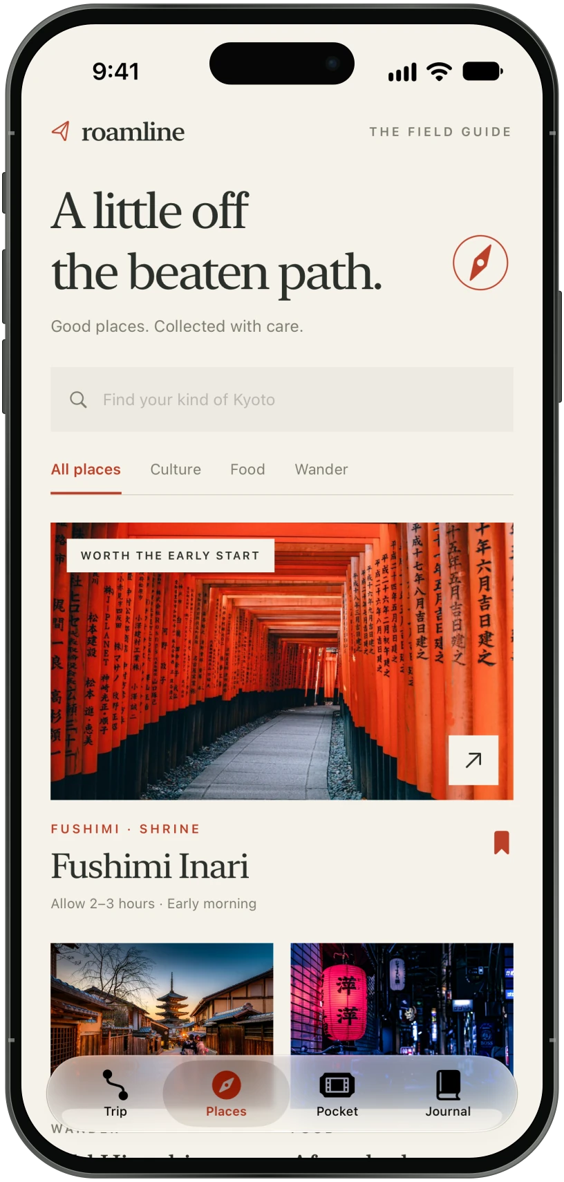 Places screen with a search field, Culture, Food and Wander filters, and a large photograph of the Fushimi Inari gates.