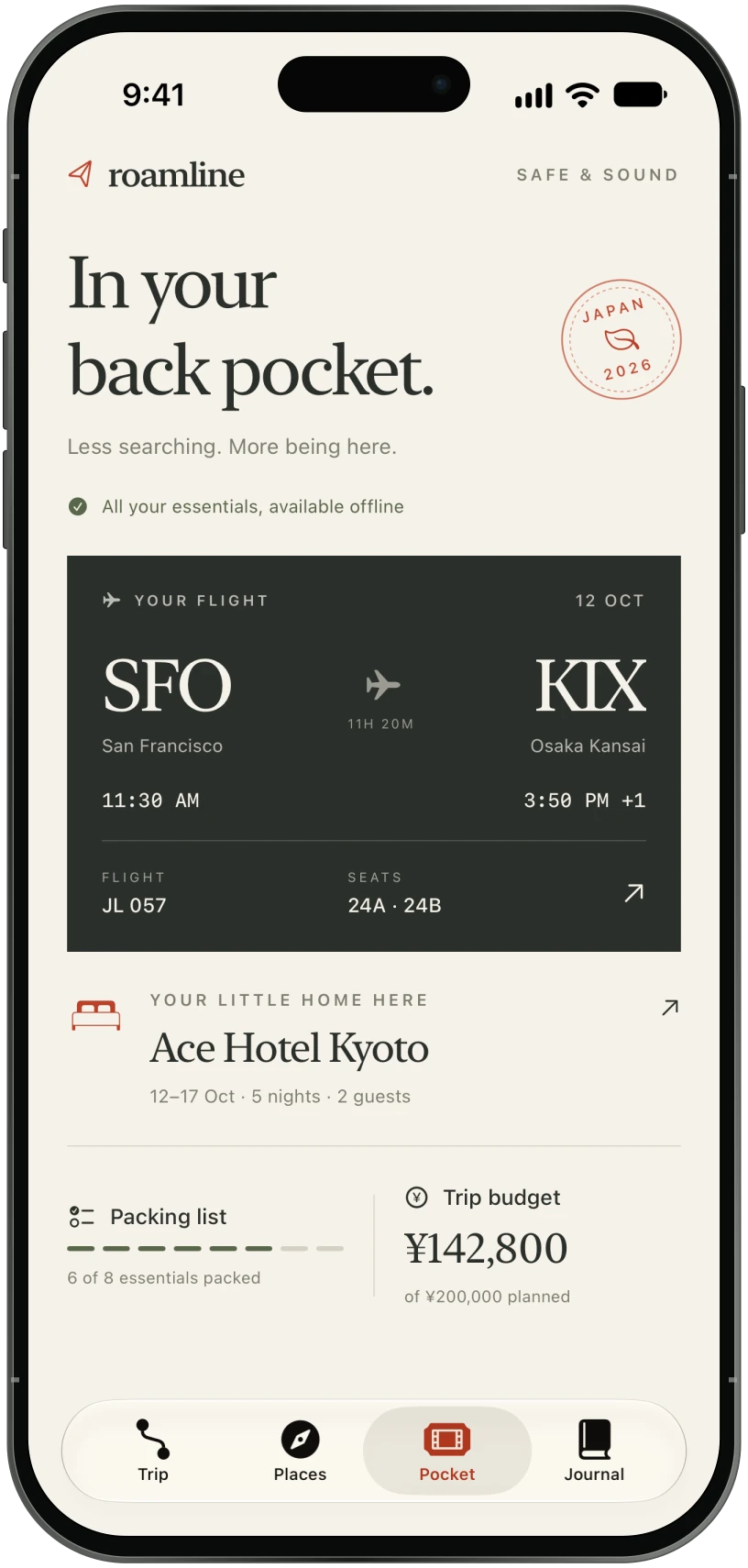 Pocket screen with a boarding-pass-style San Francisco to Osaka flight, Ace Hotel Kyoto, a packing checklist and an illustrative trip budget.