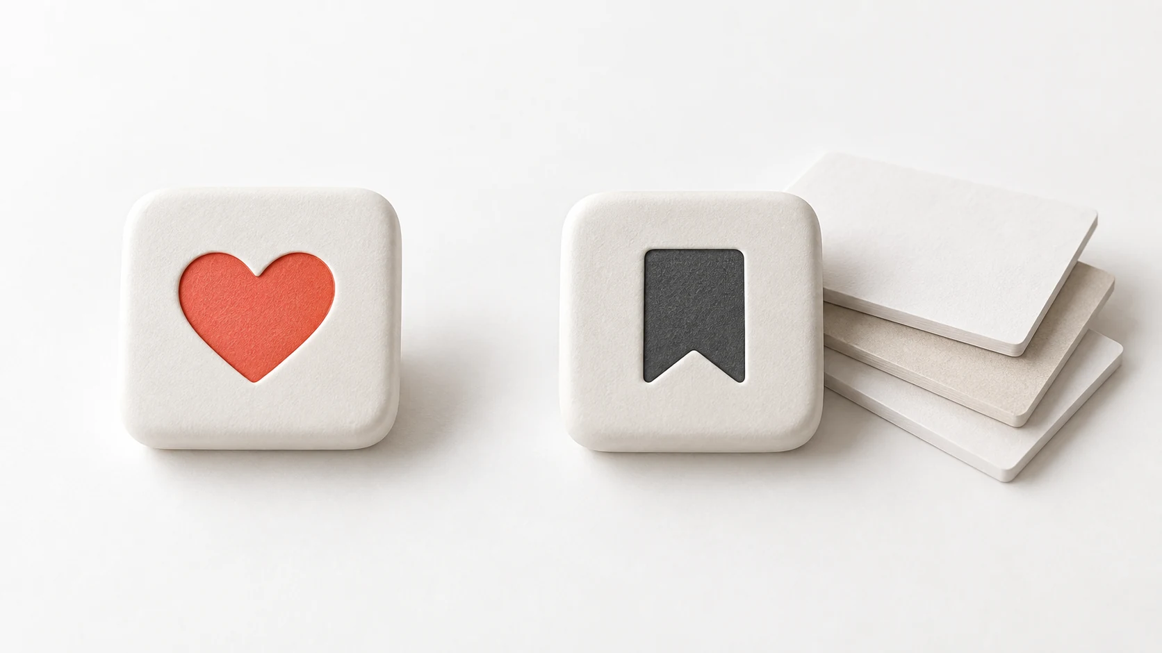 A coral heart beside a bookmark button and a small stack of blank media cards.